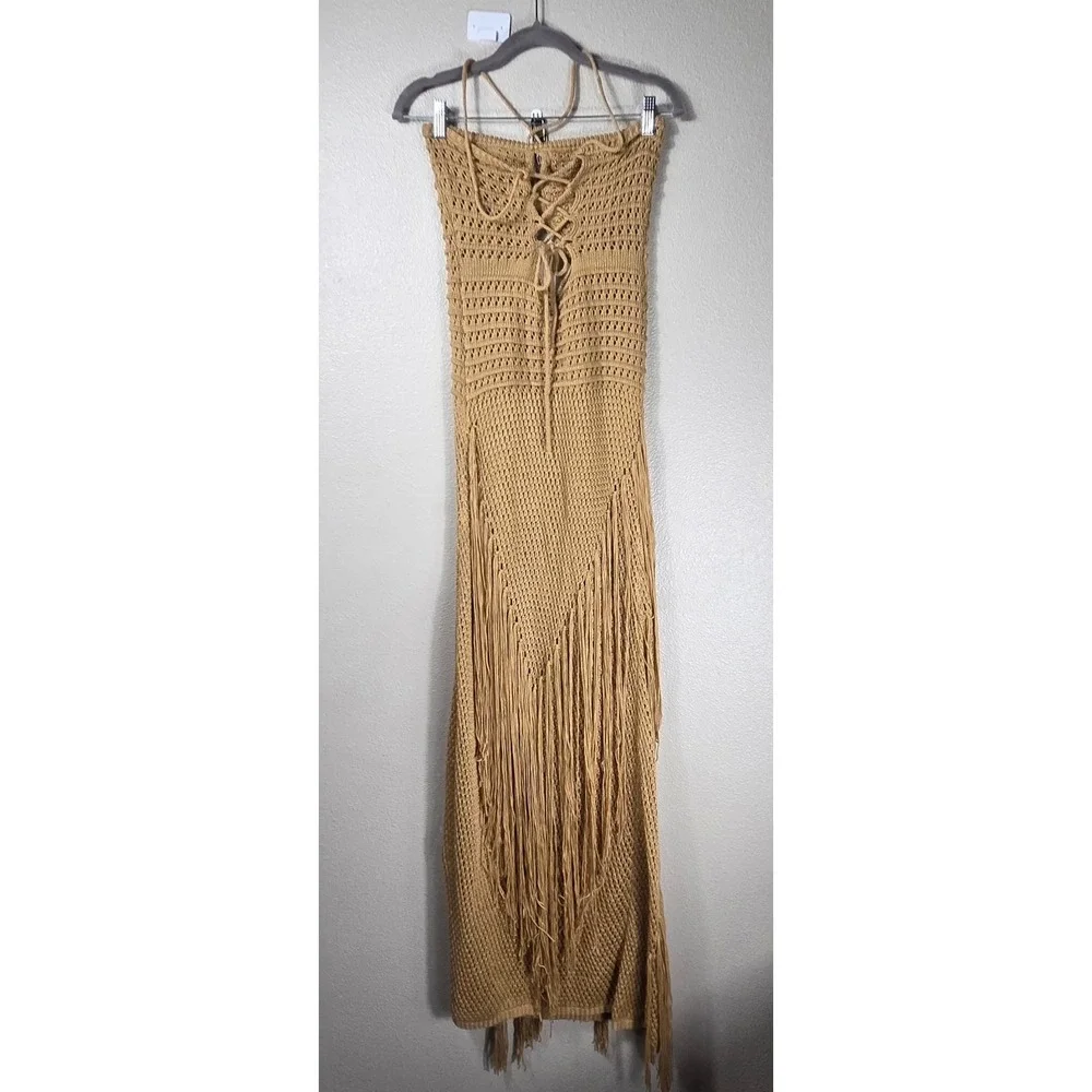 boho crochet fringe maxi dress M tan cutout lace up back resort